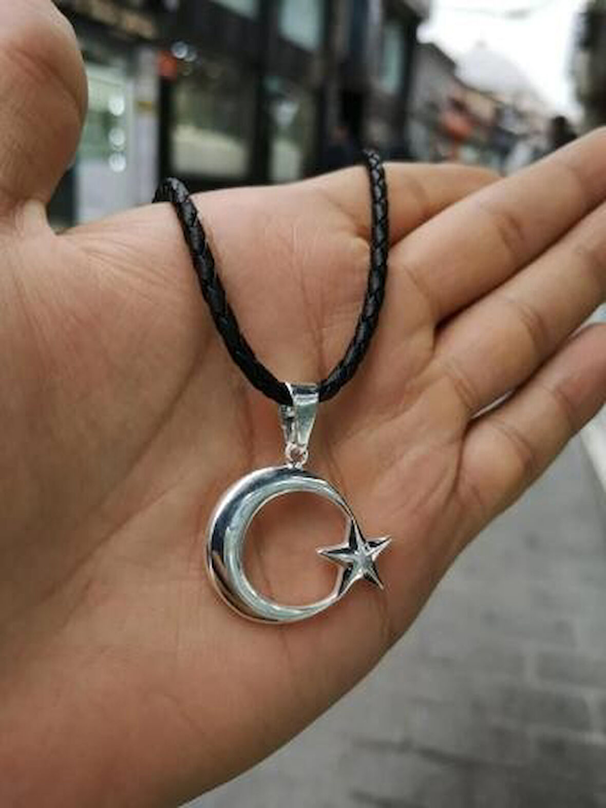 Ay Yıldız Deri İpli 925 Ayar Gümüş Erkek Kolye