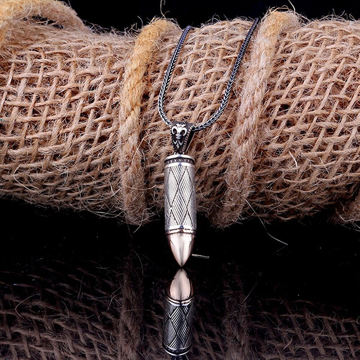 Motifli Desenli  Mermi 925 Ayar Gümüş Erkek Kolye