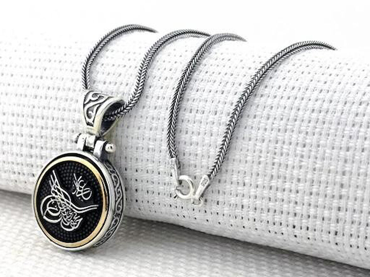 Osmanlı Tuğra Desenli Ortası Dönen 925 Ayar Gümüş Erkek Kolye