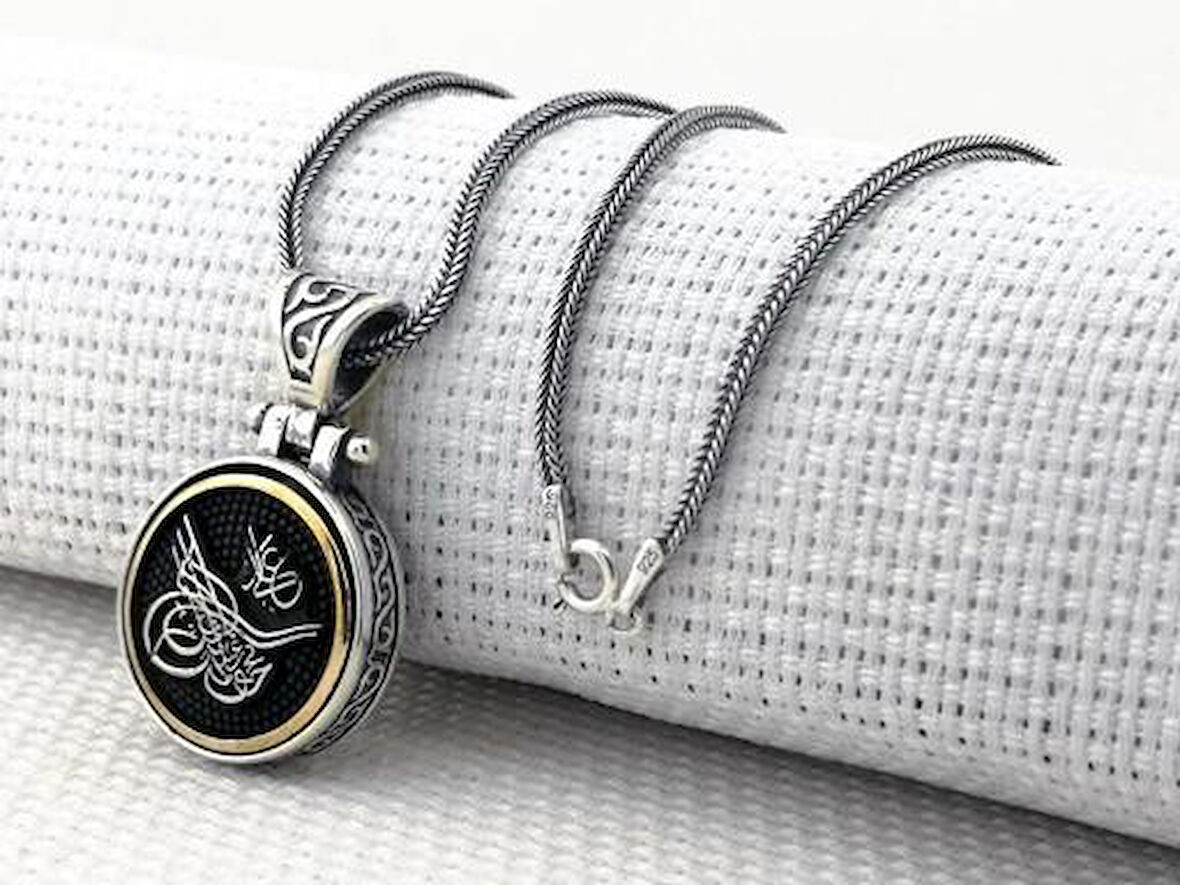 Osmanlı Tuğra Desenli Ortası Dönen 925 Ayar Gümüş Erkek Kolye