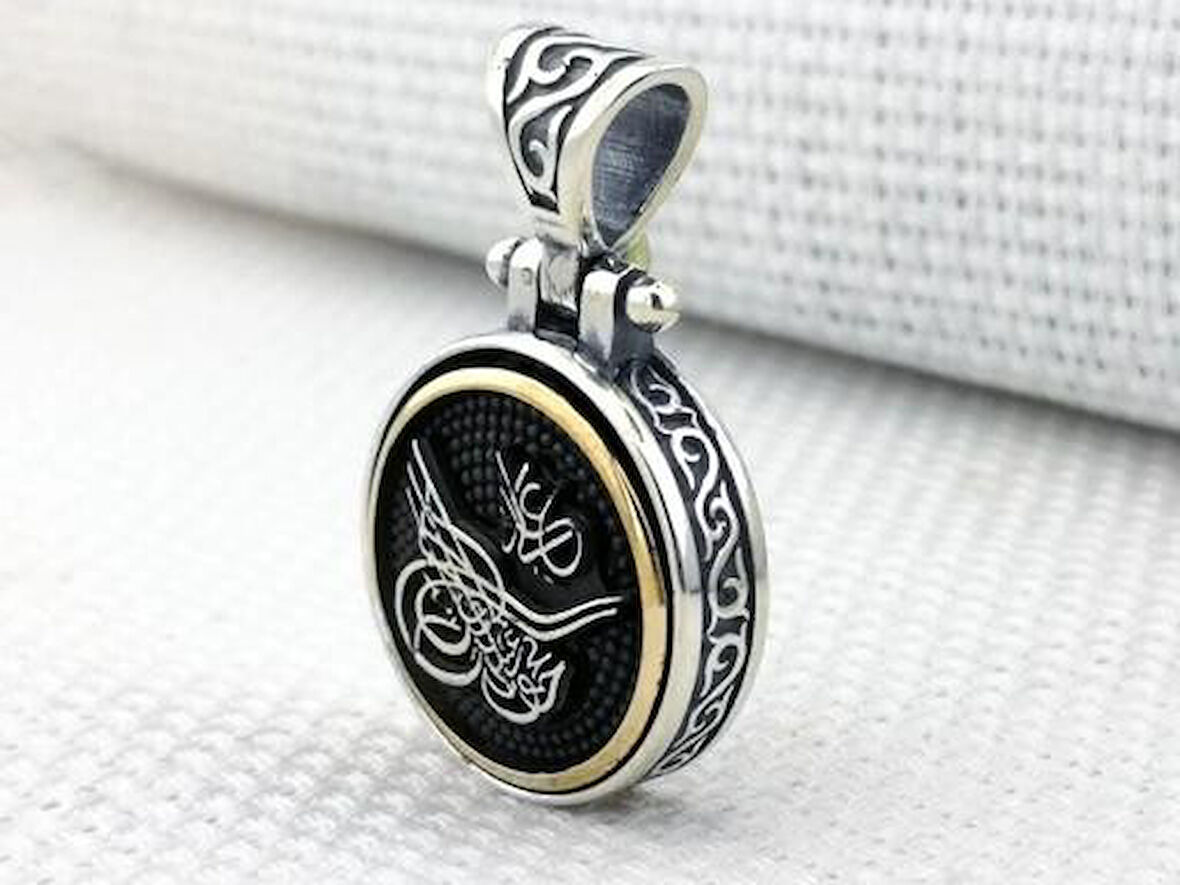 Osmanlı Tuğra Desenli Ortası Dönen 925 Ayar Gümüş Erkek Kolye Ucu