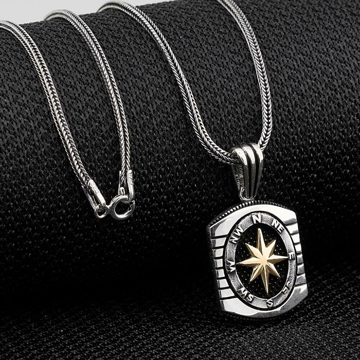 Özel Pusula Tasarımlı  925 Ayar Gümüş Erkek Kolye