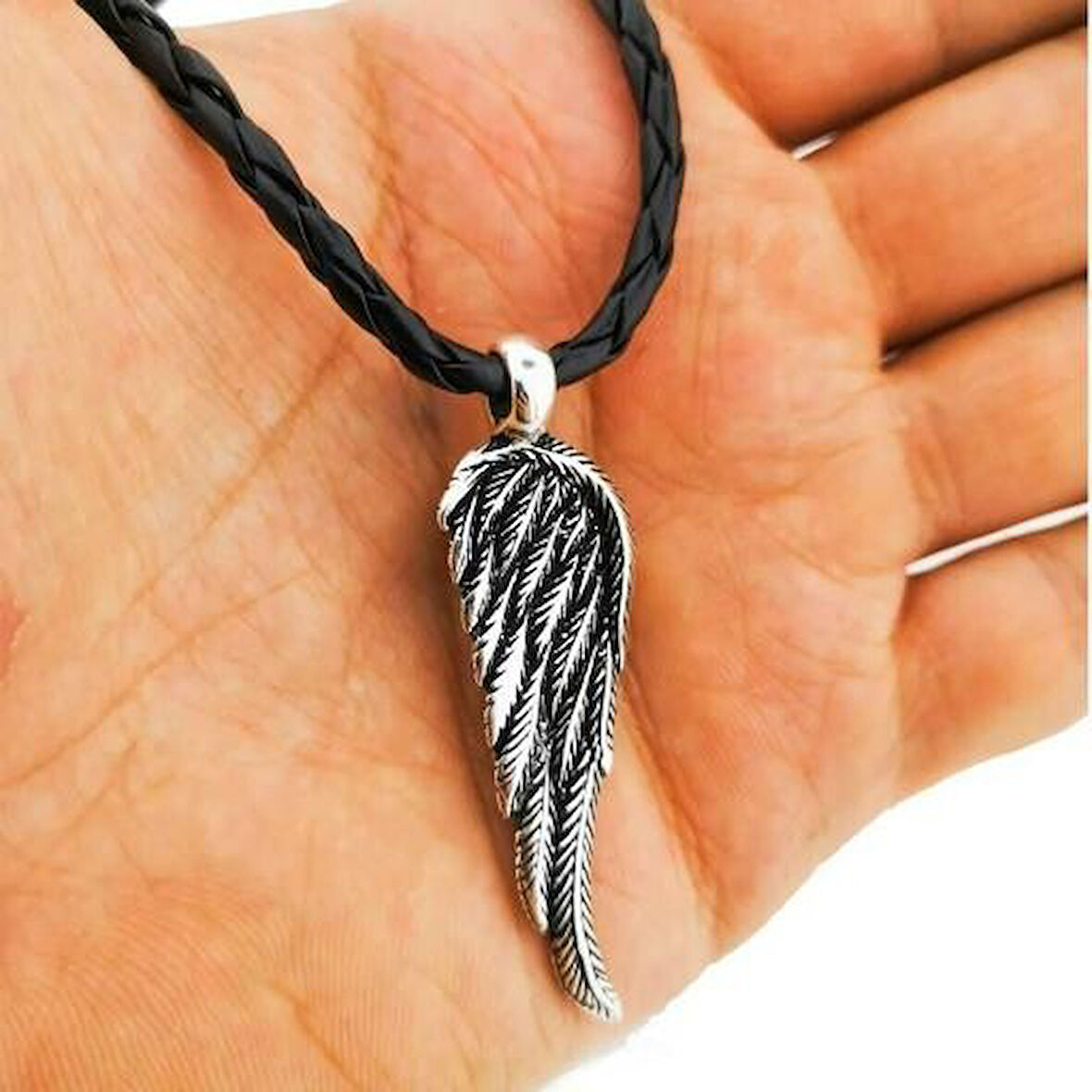 Özel Kartal Kanadı Tasarımlı Deri İpli 925 Ayar Gümüş Erkek Kolye