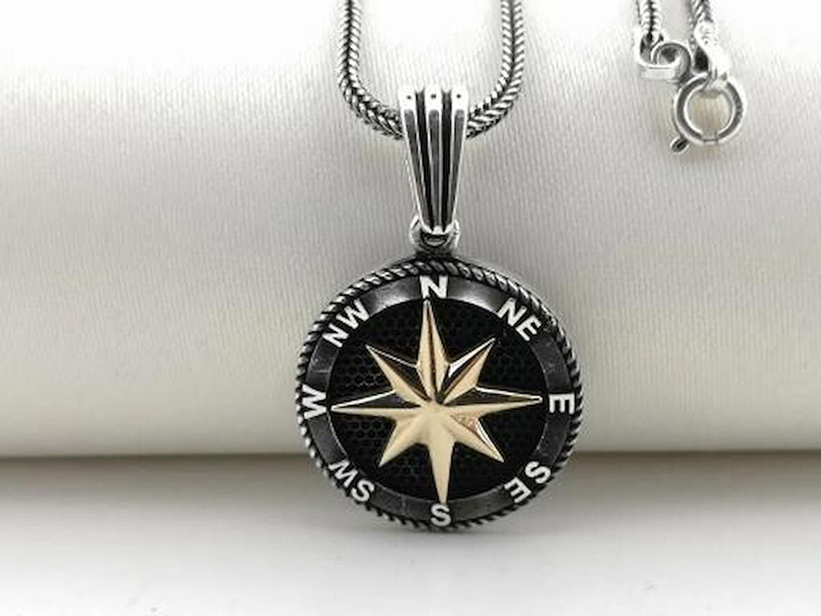 Pusula Tasarımlı 925 Ayar Gümüş Erkek Kolye