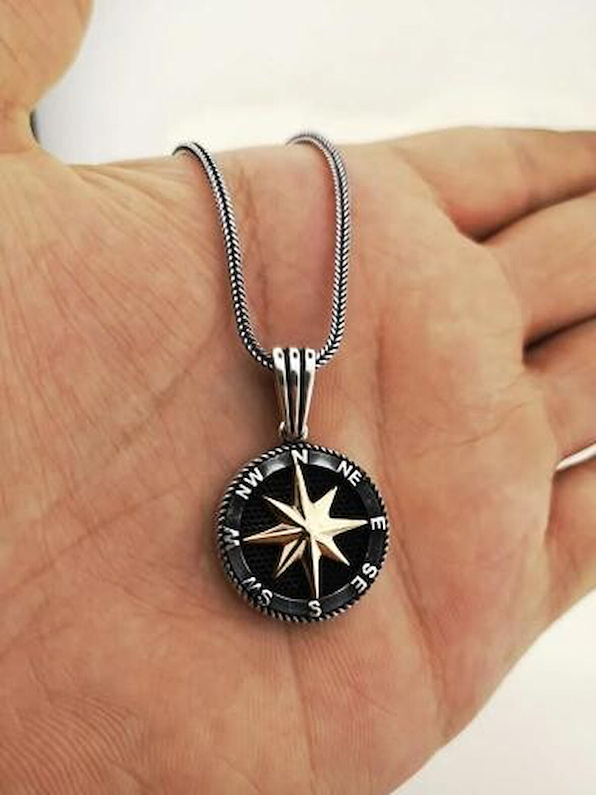 Özel Pusula Tasarımlı  925 Ayar Gümüş Erkek Kolye