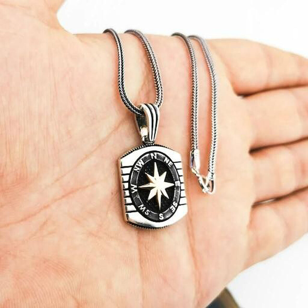 Özel Pusula Tasarımlı  925 Ayar Gümüş Erkek Kolye