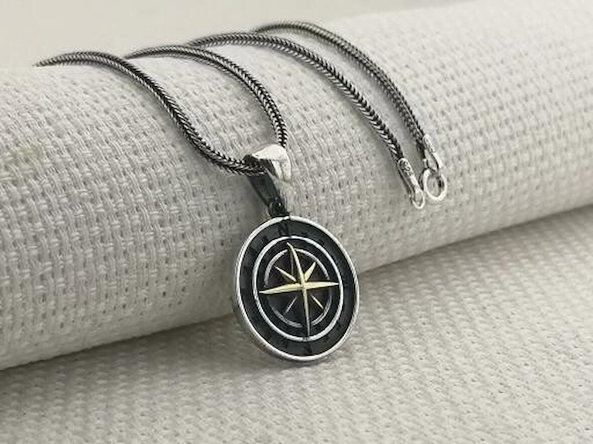 Pusula 925 Ayar Gümüş Erkek Kolye