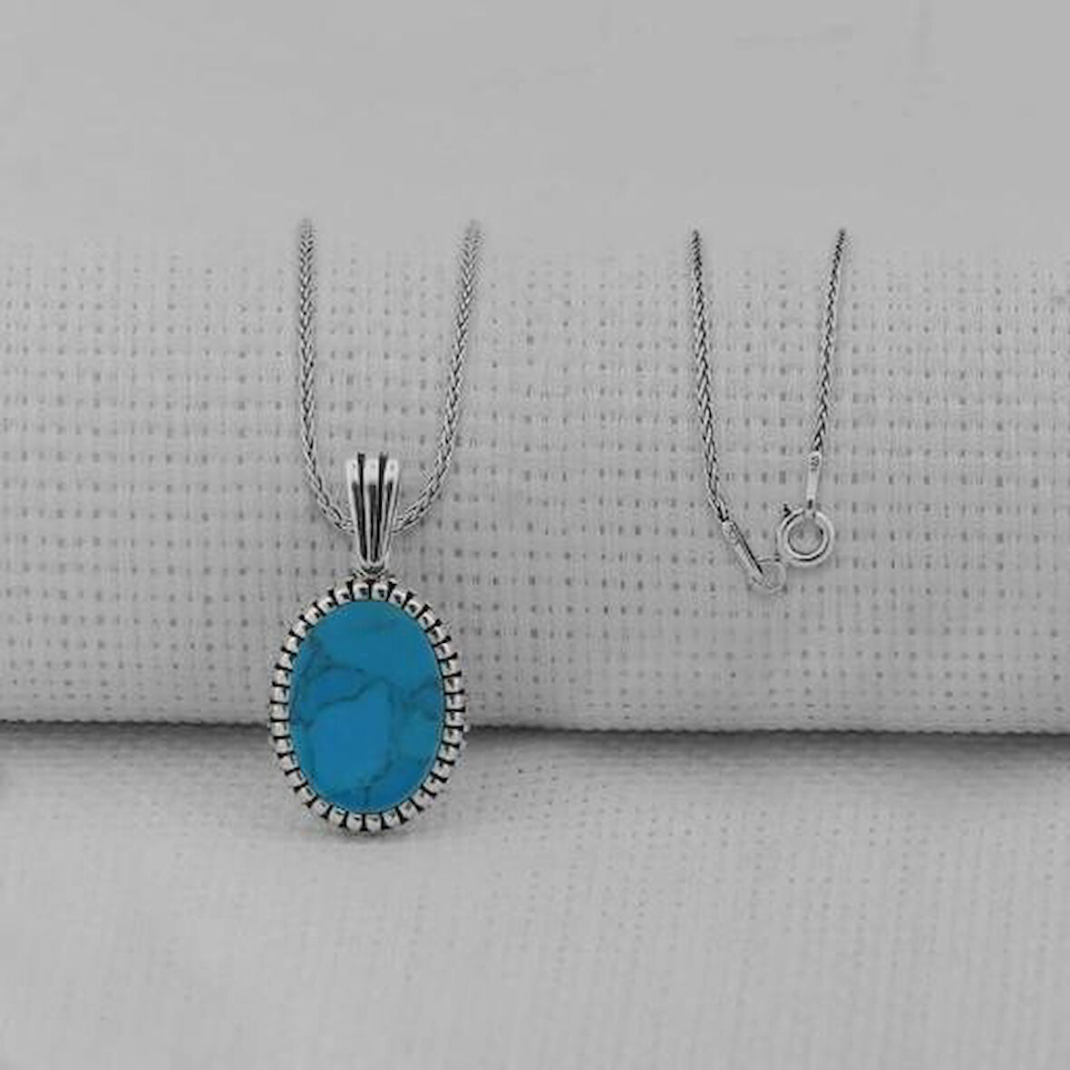 Turkuaz Taşlı Oval  925 Ayar Gümüş Erkek Kolye