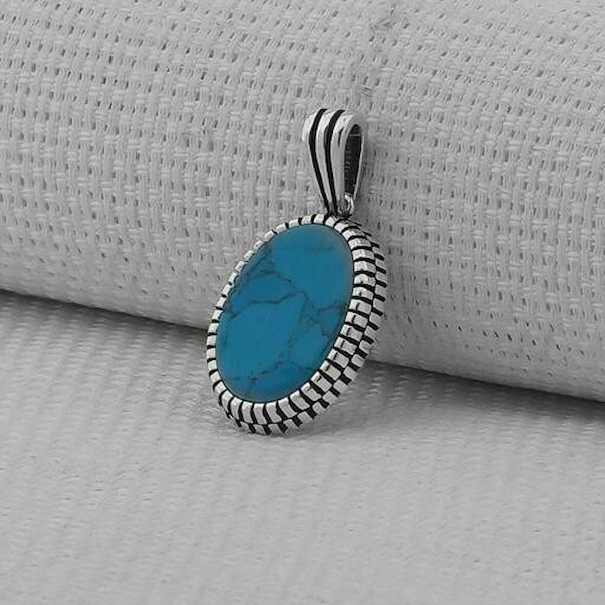 Turkuaz Taşlı Oval  925 Ayar Gümüş Erkek Kolye Ucu