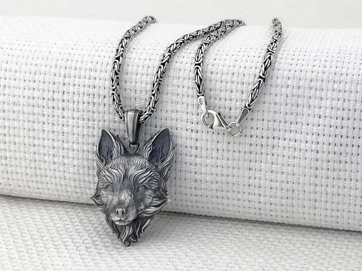 Tilki Üç Boyutlu Kral Zincir  925 Ayar Gümüş Erkek Kolye