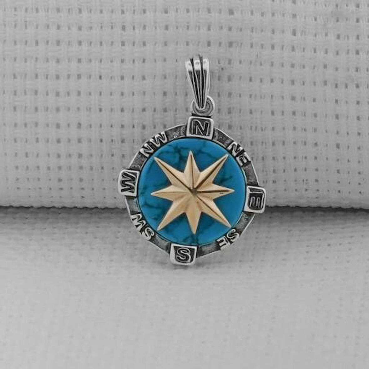 Turkuaz Taşlı Pusula  925 Ayar Gümüş Erkek Kolye Ucu