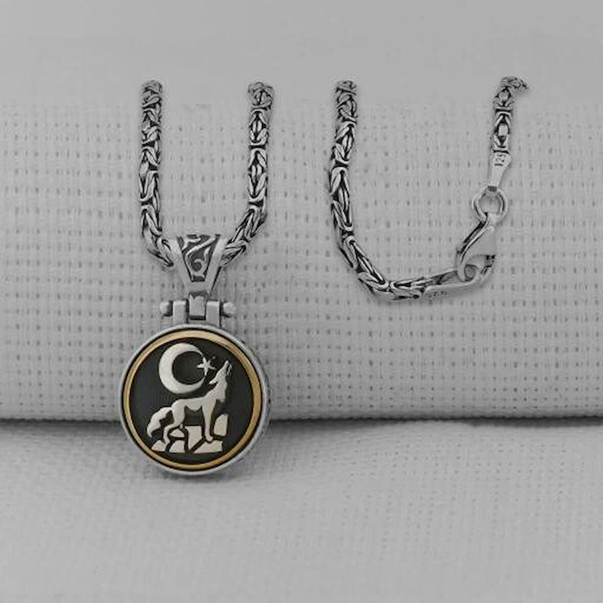 Uluyan Kurt  Ay Yıldız  Kral Zincir Ortası Dönen  925 Ayar Gümüş Erkek Kolye