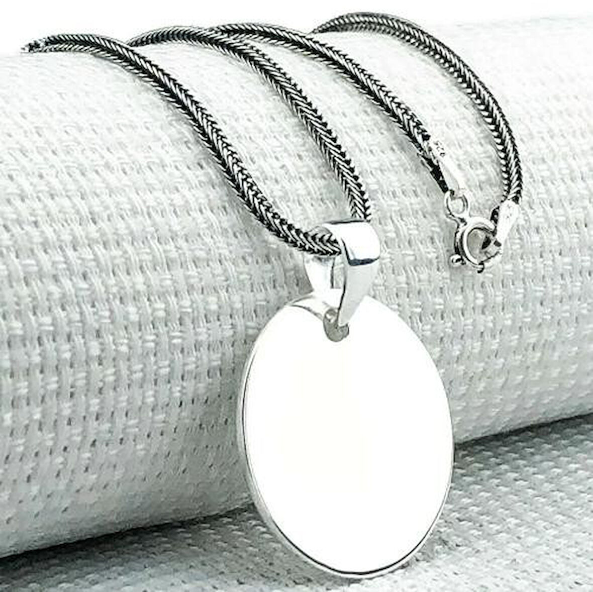 Plaka Yuvarlak Parlak Küçük Boy 925 Ayar Gümüş Erkek Kolye