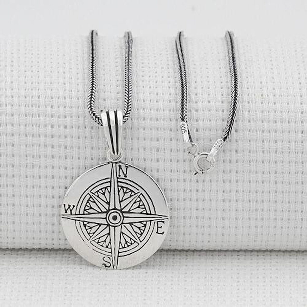 Pusula Tasarımı 925 Ayar Gümüş Erkek Kolye