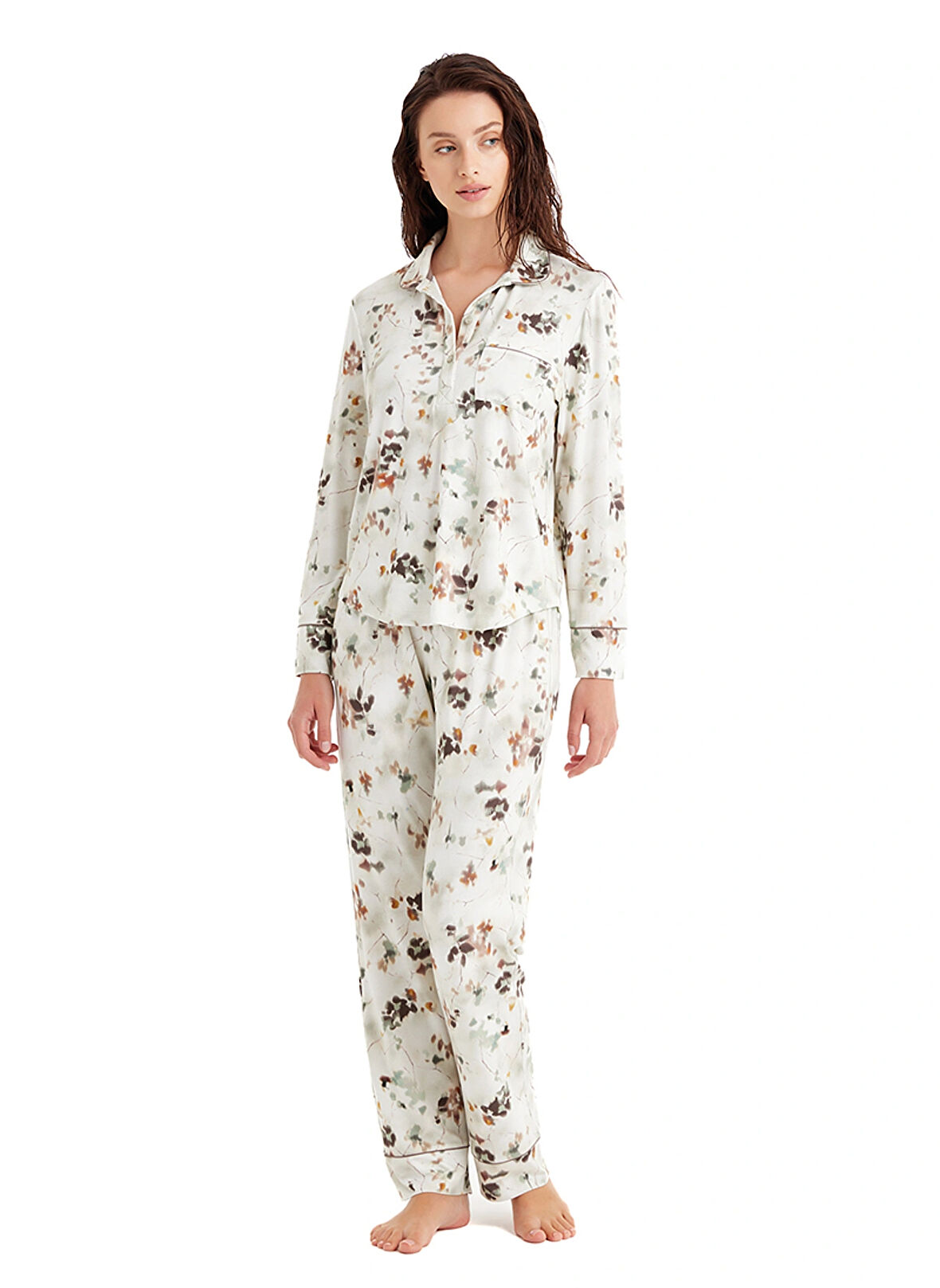 Blackspade Gömlek Yaka Baskılı Ekru Kadın Pijama Takımı 51619