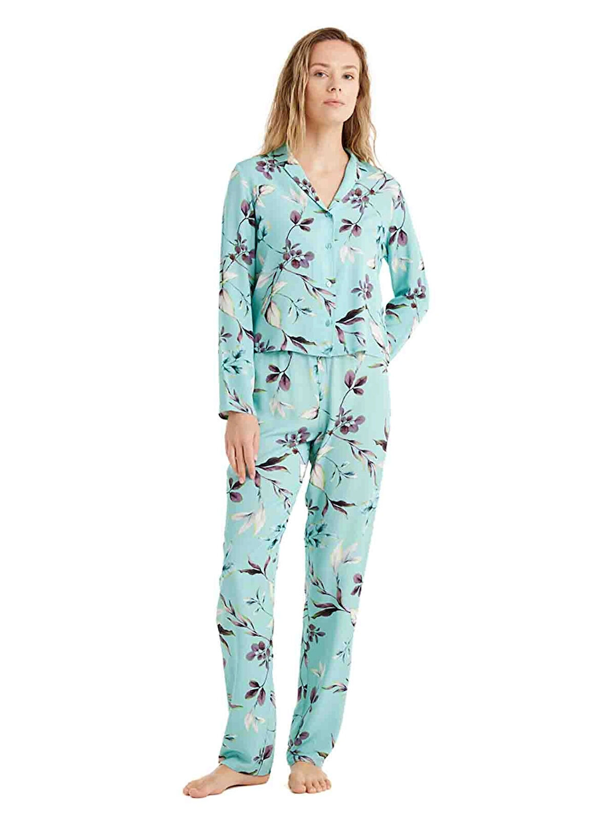 Blackspade Gömlek Yaka Baskılı Yeşil Kadın Pijama Takımı 51662