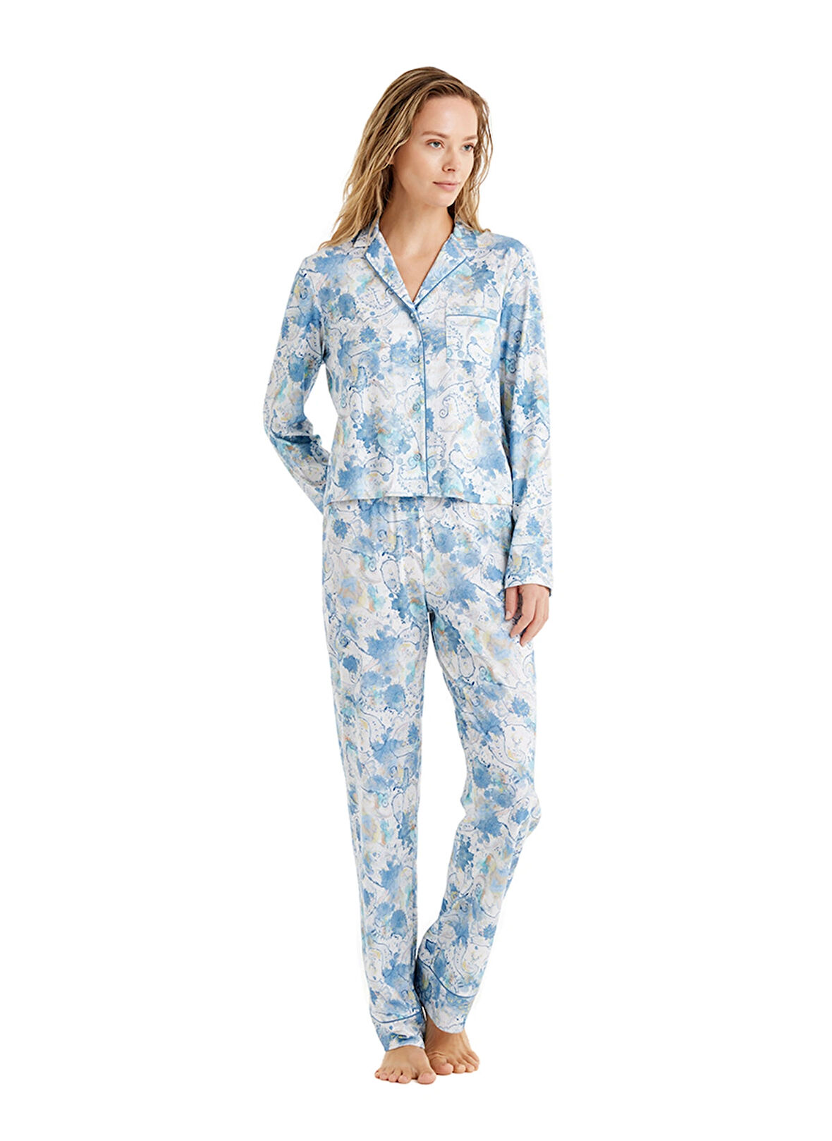 Blackspade Gömlek Yaka Baskılı Mavi Kadın Pijama Takımı 51626