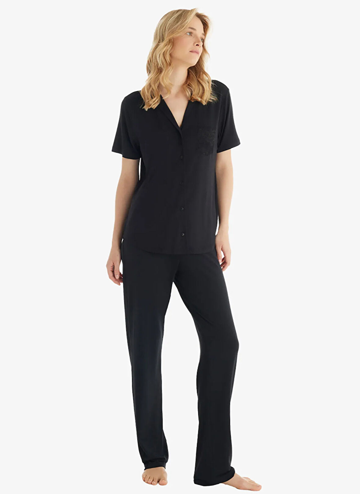 Blackspade Gömlek Yaka Düz Siyah Kadın Pijama Takımı 51803
