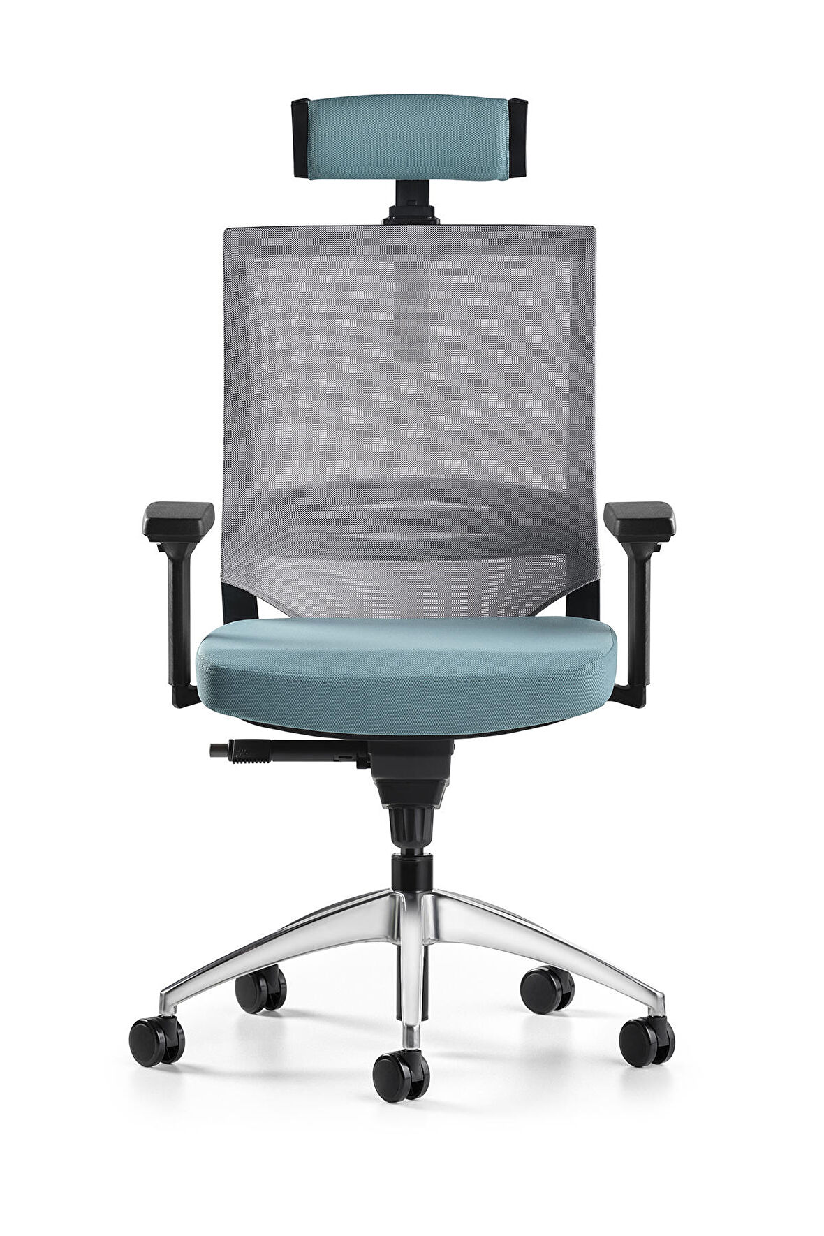 Bürotime Cozy Başlıklı Çalışma Koltuğu - 3D Kol - Alüminyum Ayak - Gri/Mint Yeşili