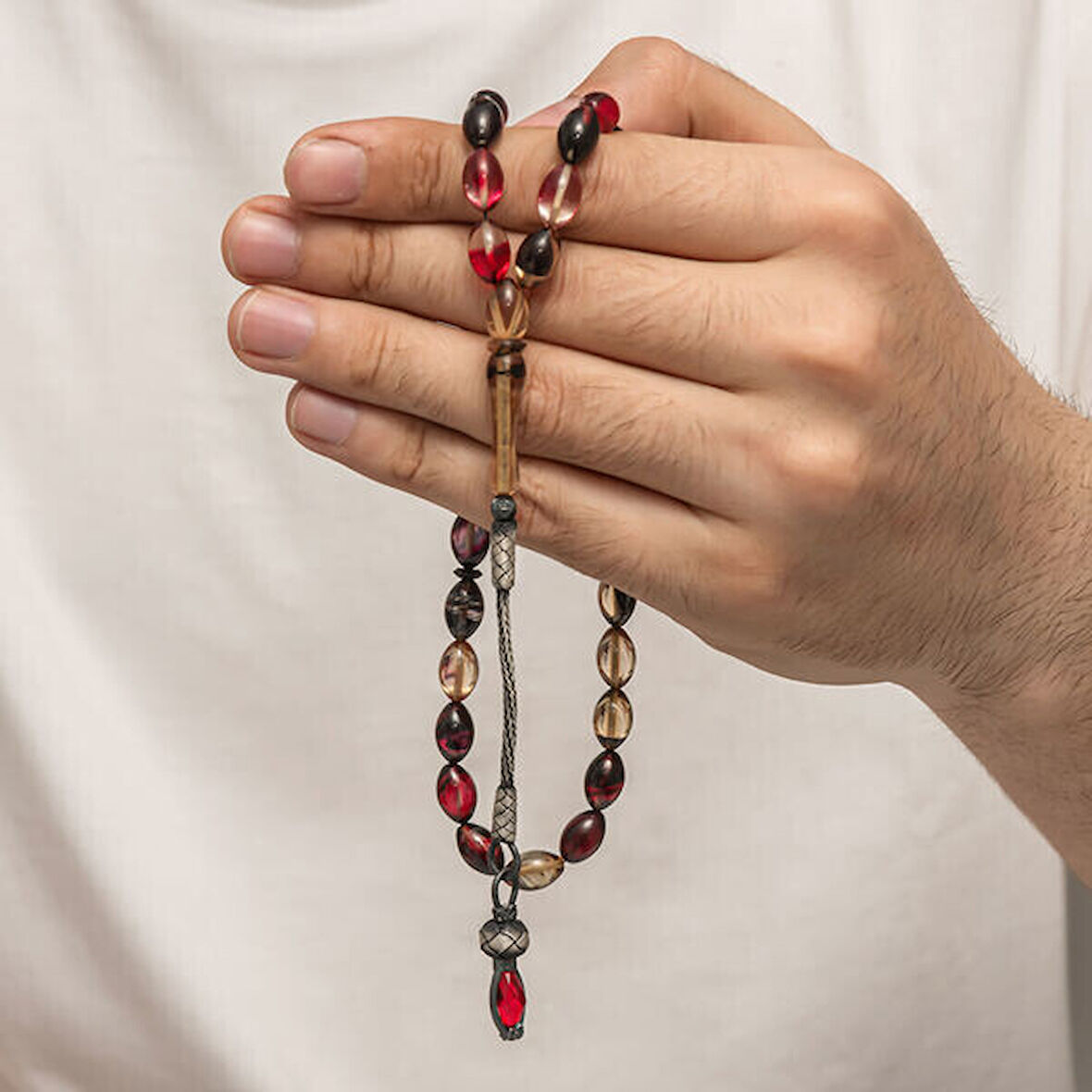 Sıkma Kehribar Kazaz Püsküllü 1000 Ayar Gümüş Tesbih