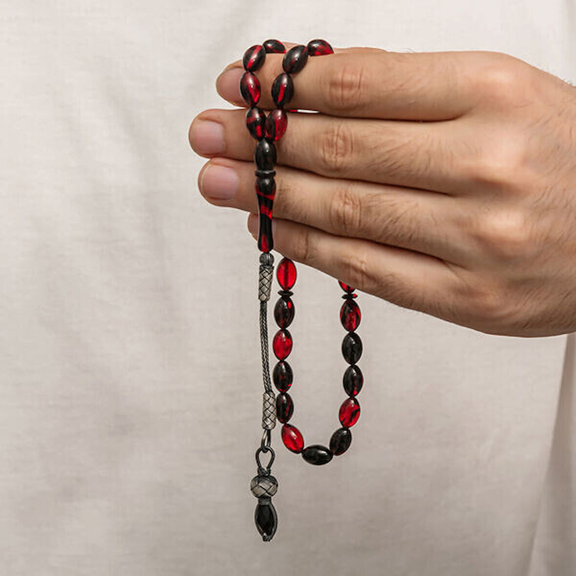 Sıkma Kehribar Kazaz Püsküllü 1000 Ayar Gümüş Tesbih