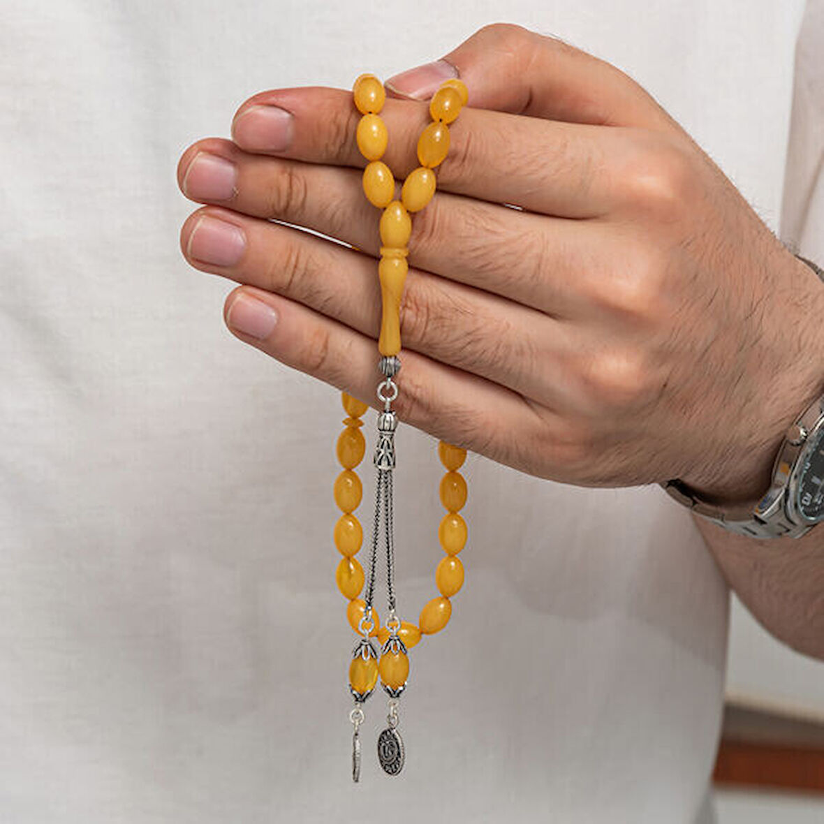 Sıkma Kehribar 925 Ayar Gümüş Tesbih