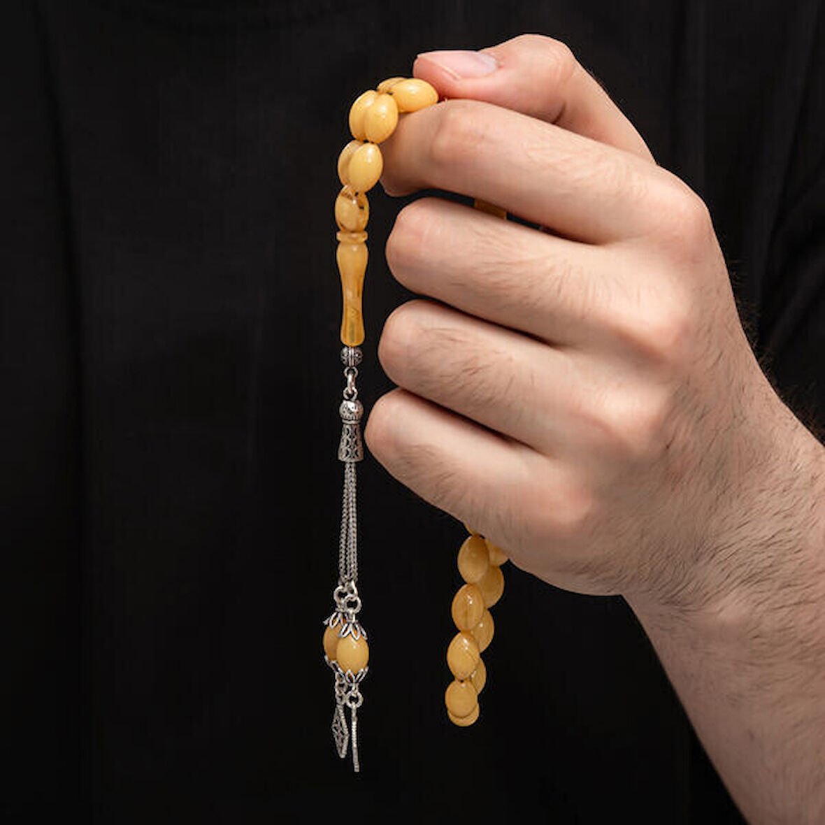 Sıkma Kehribar 925 Ayar Gümüş Tesbih