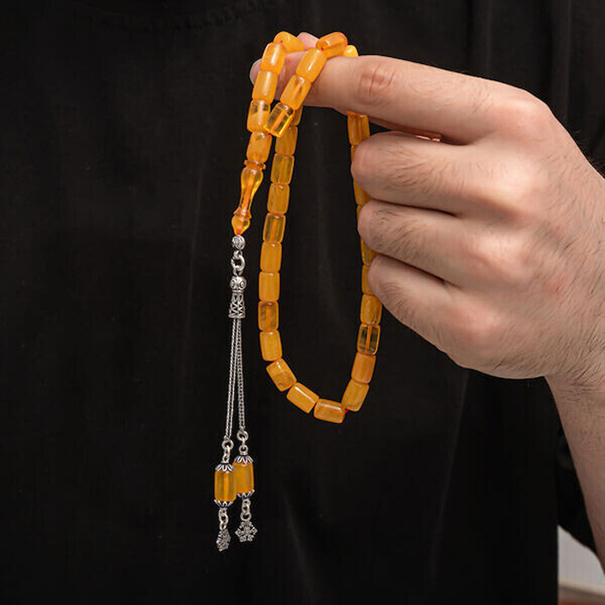 Sıkma Kehribar 925 Ayar Gümüş Tesbih