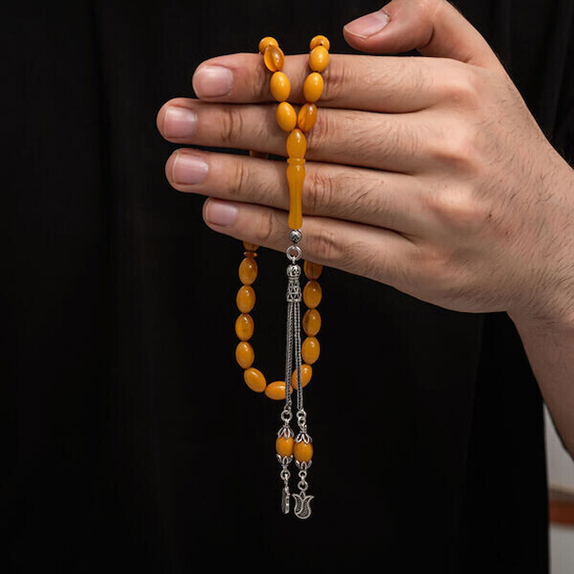 Sıkma Kehribar 925 Ayar Gümüş Tesbih