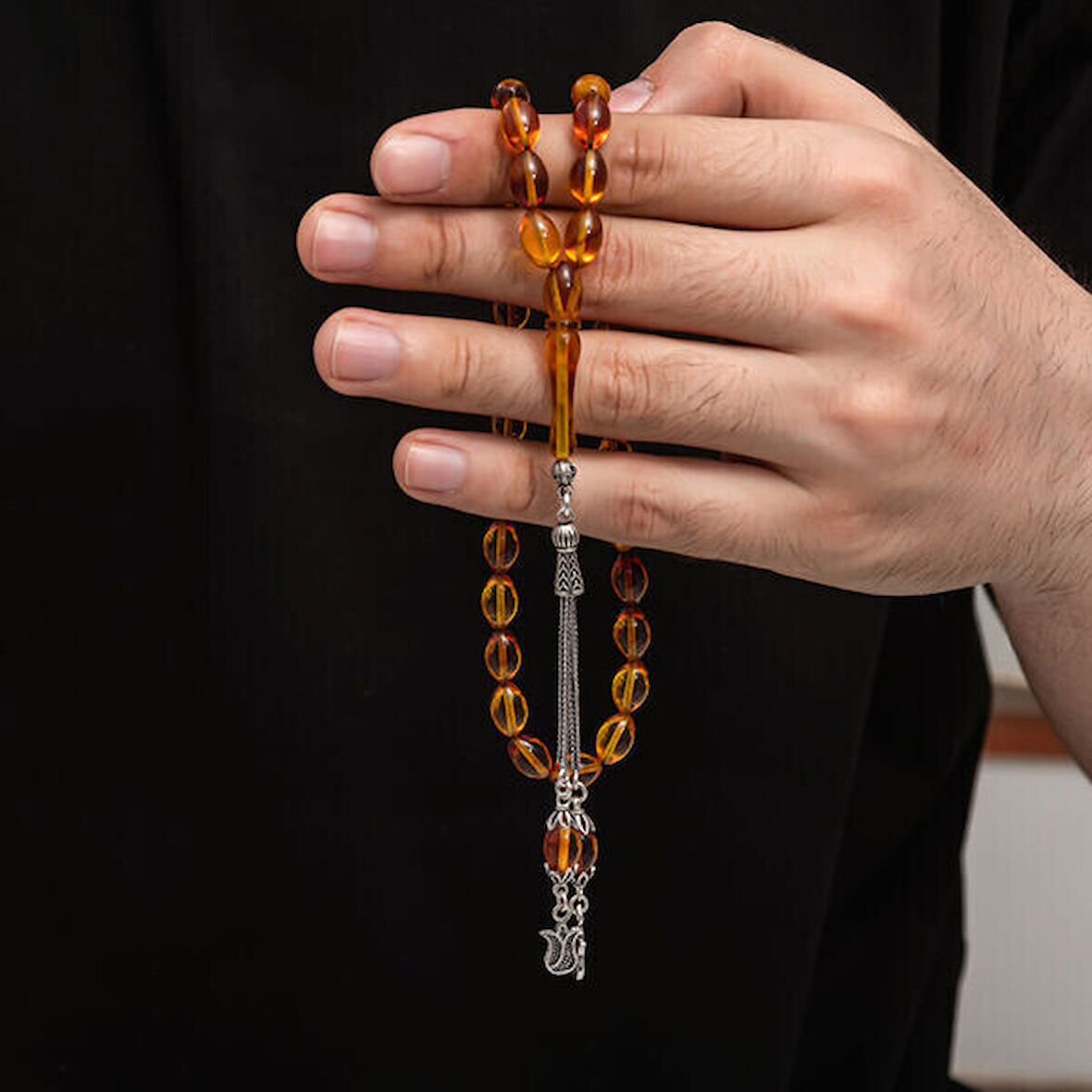 Sıkma Kehribar 925 Ayar Gümüş Tesbih