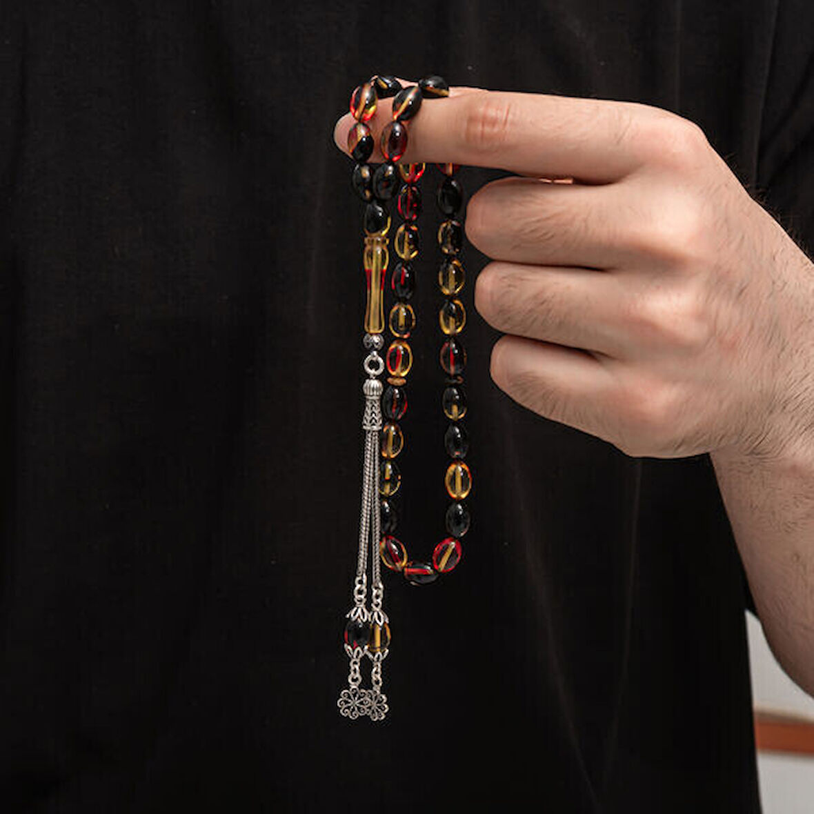 Sıkma Kehribar 925 Ayar Gümüş Tesbih