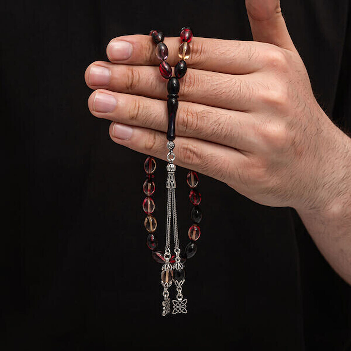 Sıkma Kehribar 925 Ayar Gümüş Tesbih