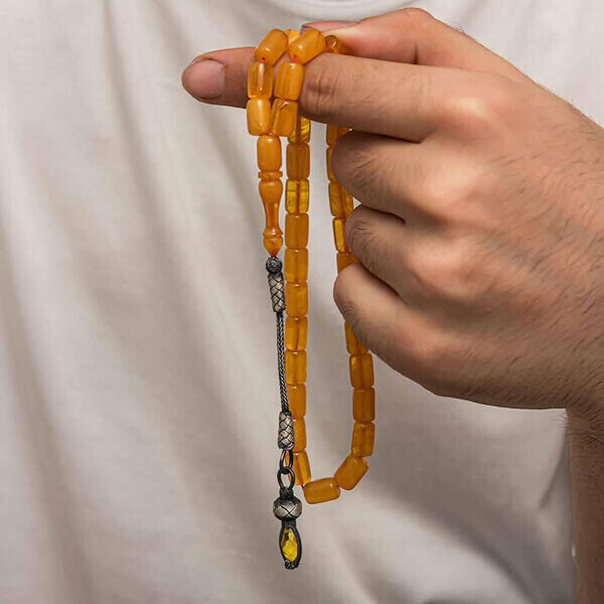 Sıkma Kehribar Kazaz Püsküllü 1000 Ayar Gümüş Tesbih