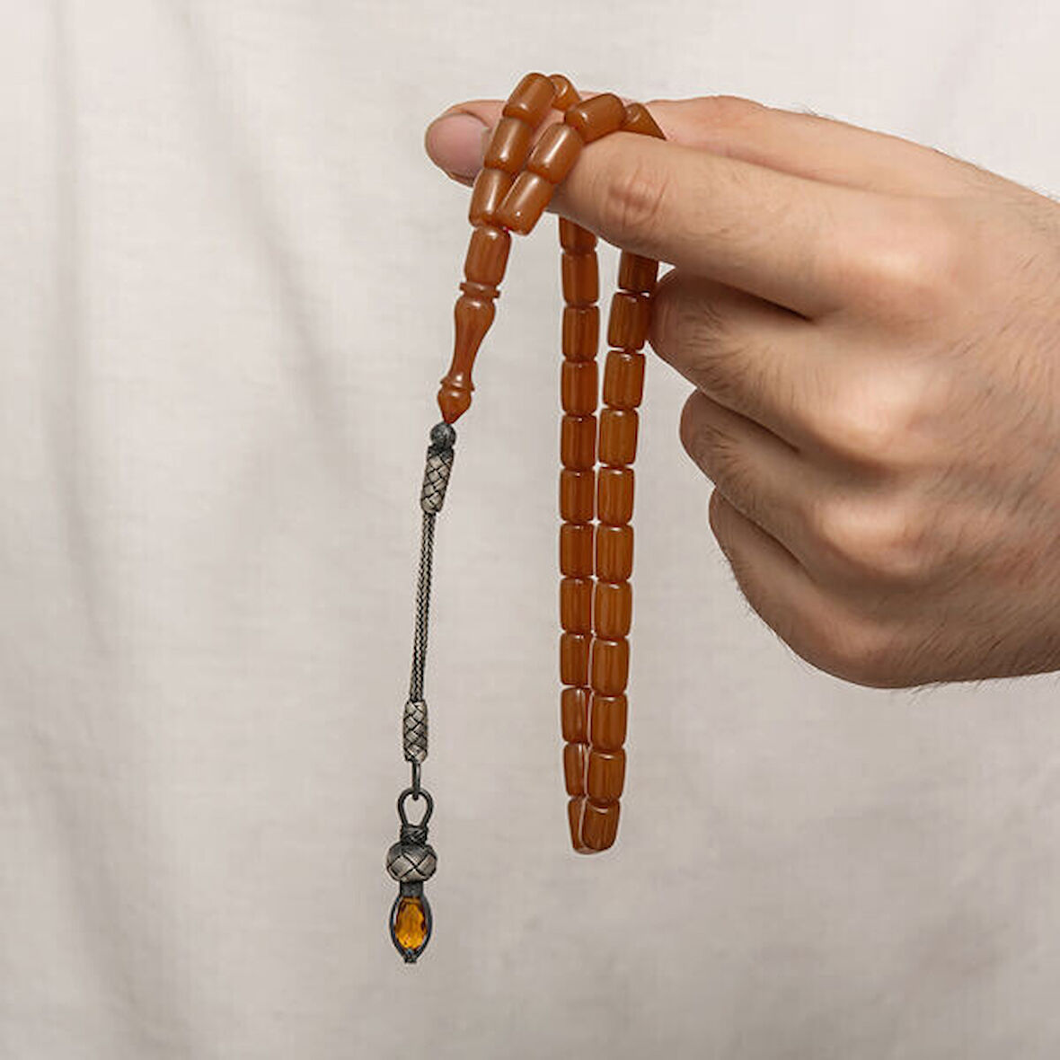 Sıkma Kehribar Kazaz Püsküllü 1000 Ayar Gümüş Tesbih