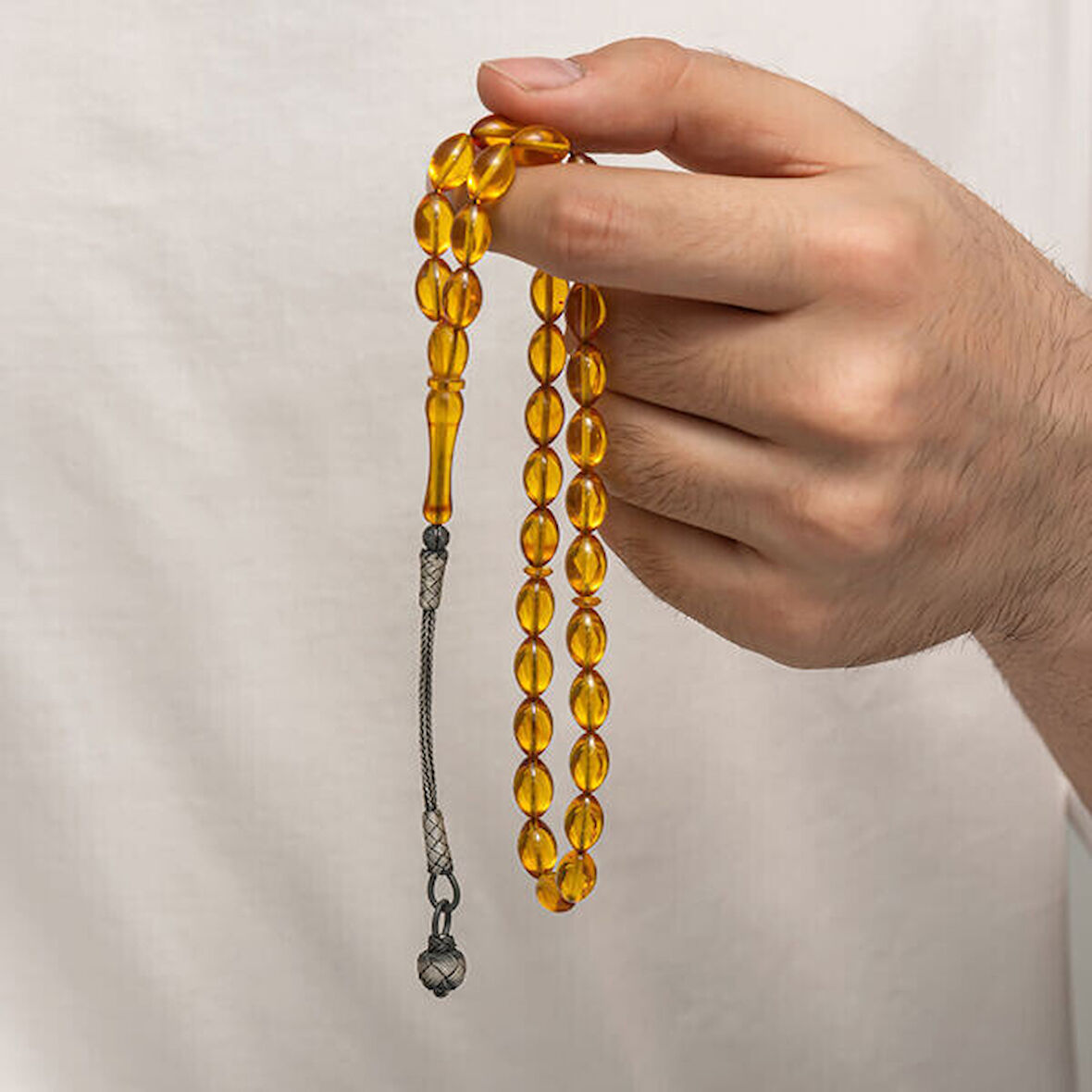 Sıkma Kehribar Kazaz Püsküllü 1000 Ayar Gümüş Tesbih