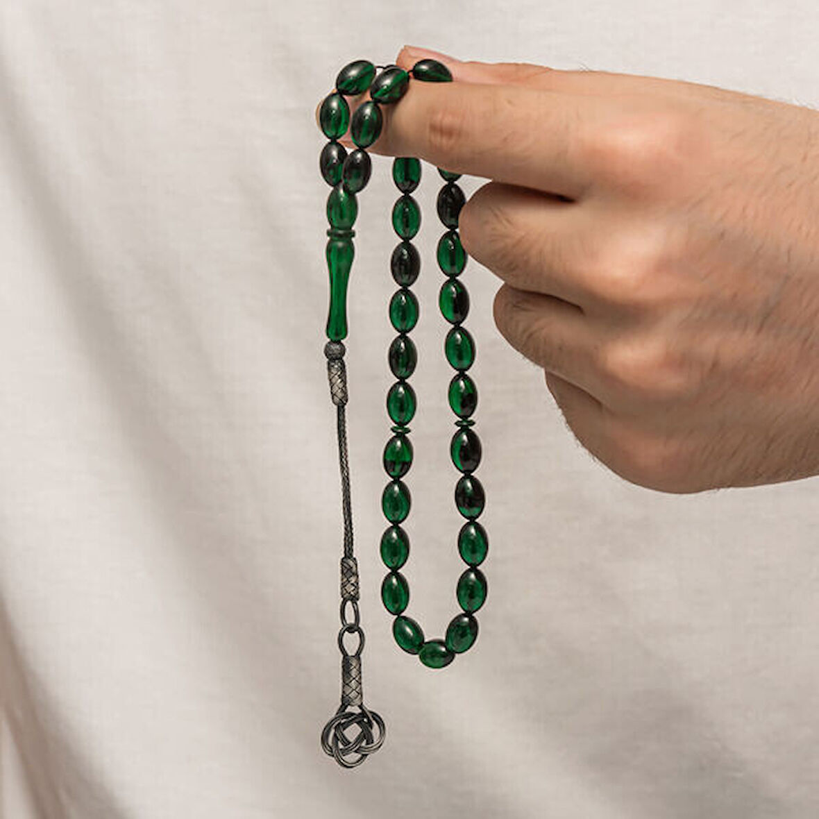 Sıkma Kehribar Kazaz Püsküllü 1000 Ayar Gümüş Tesbih