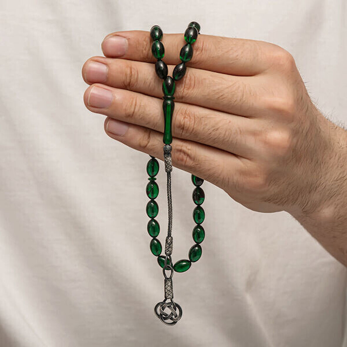 Sıkma Kehribar Kazaz Püsküllü 1000 Ayar Gümüş Tesbih