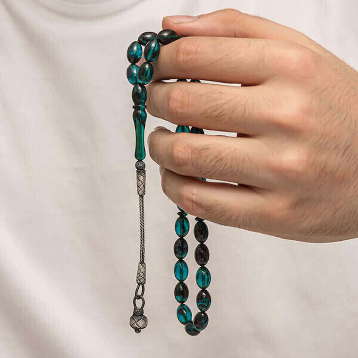 Sıkma Kehribar Kazaz Püsküllü 1000 Ayar Gümüş Tesbih