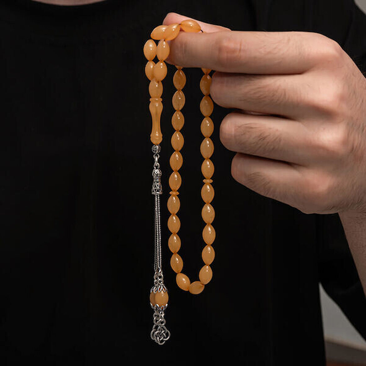 Sıkma Kehribar 925 Ayar Gümüş Tesbih