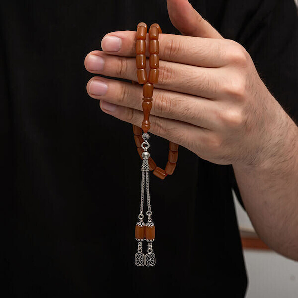 Sıkma Kehribar 925 Ayar Gümüş Tesbih