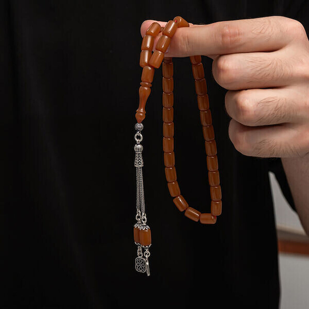 Sıkma Kehribar 925 Ayar Gümüş Tesbih