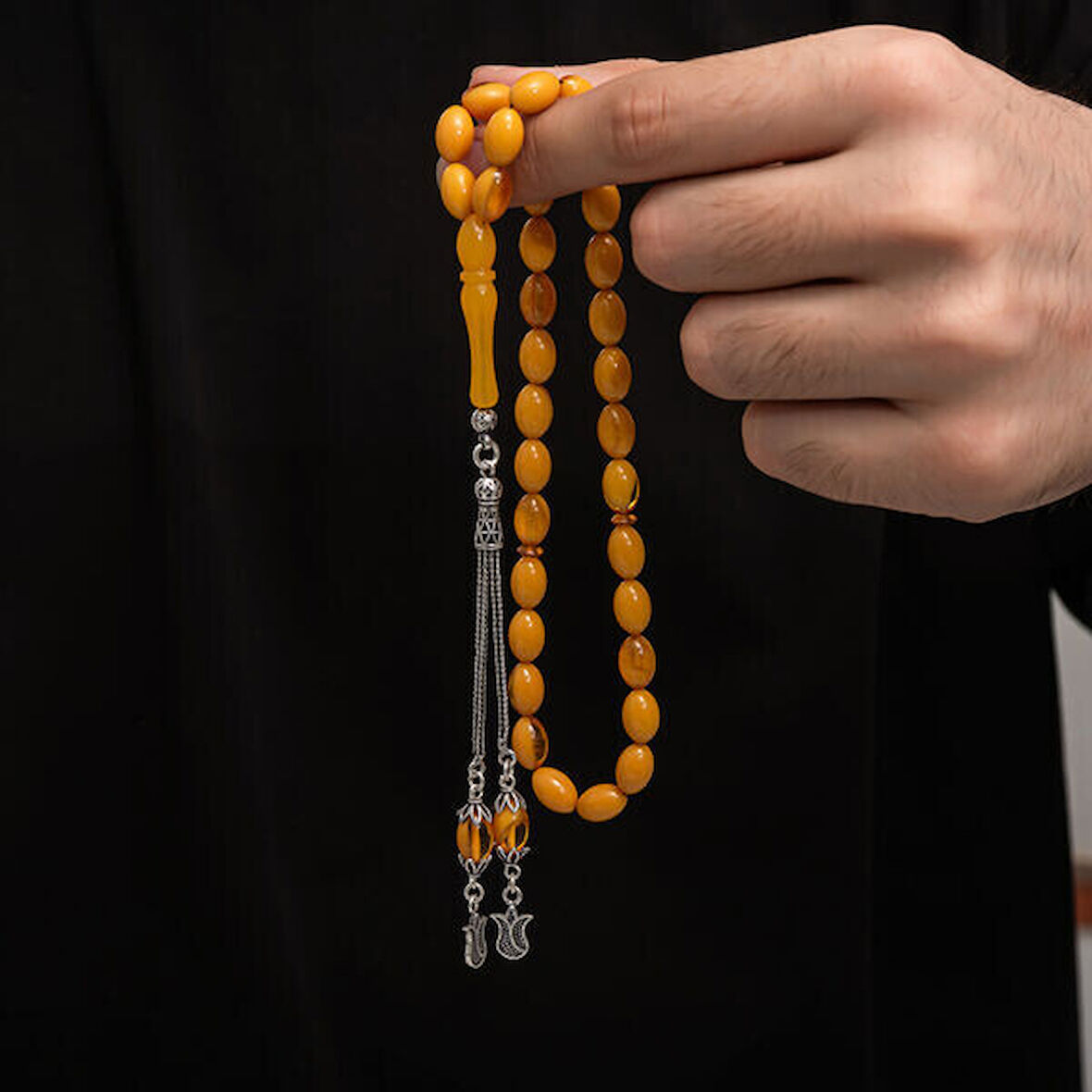 Sıkma Kehribar 925 Ayar Gümüş Tesbih