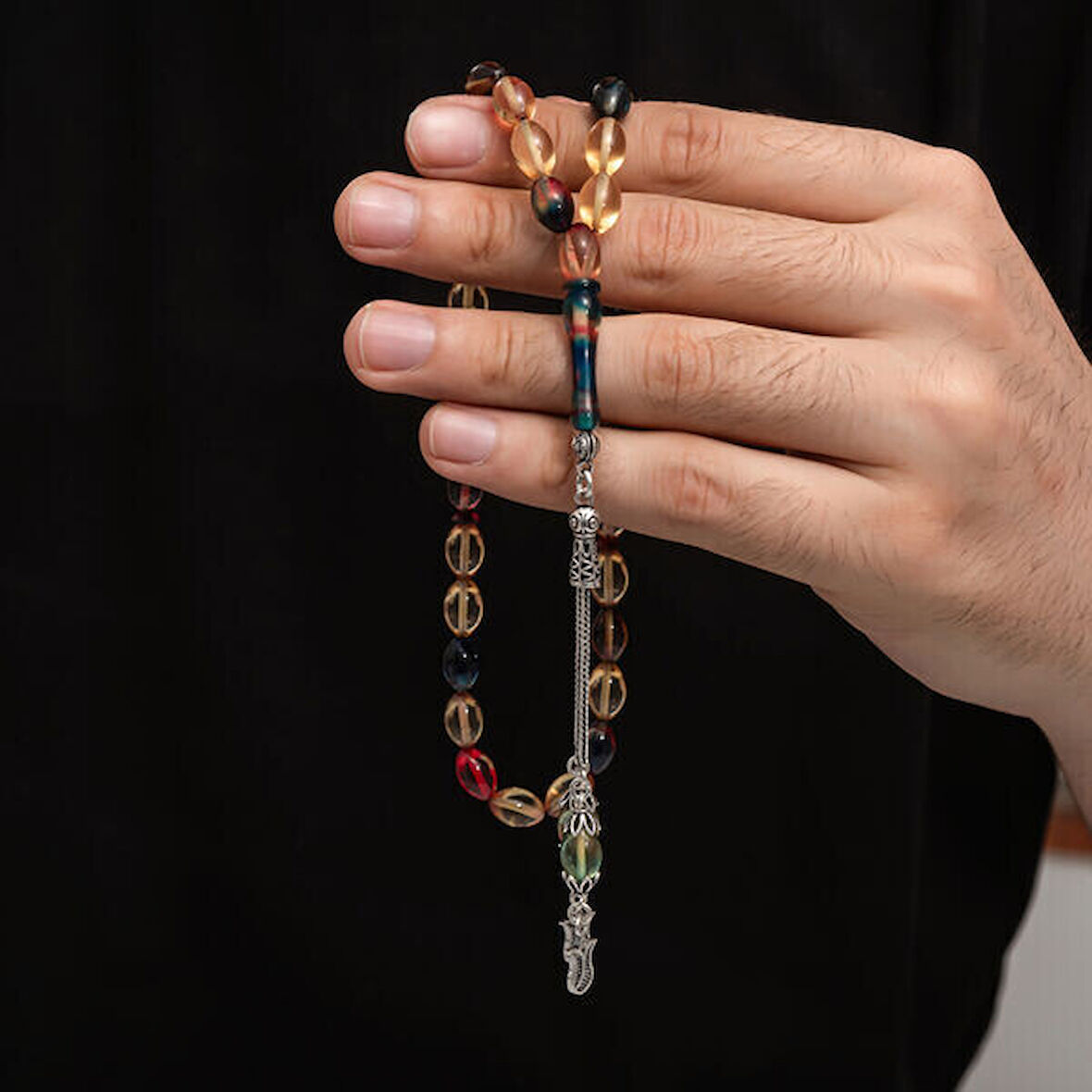 Sıkma Kehribar 925 Ayar Gümüş Tesbih