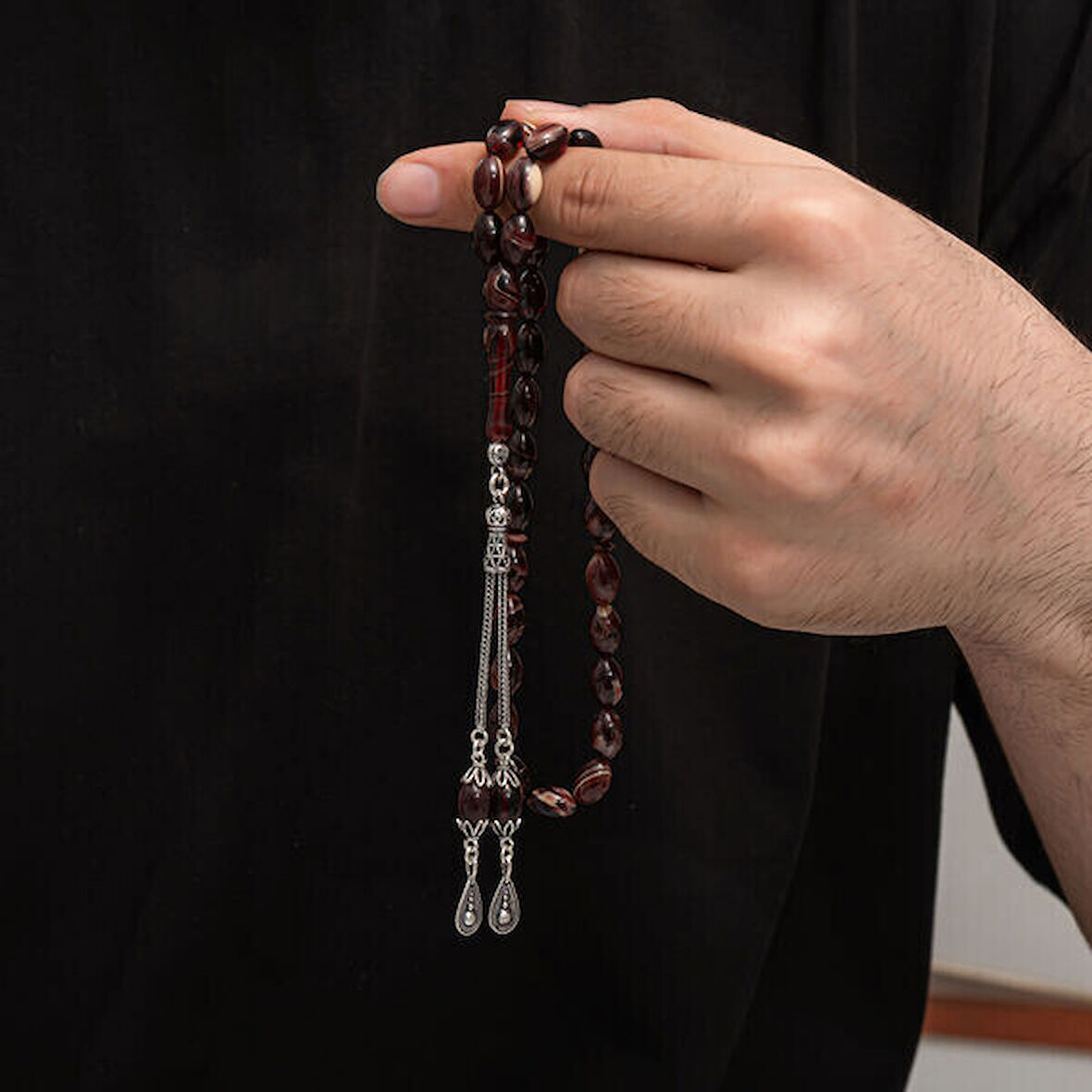 Sıkma Kehribar 925 Ayar Gümüş Tesbih