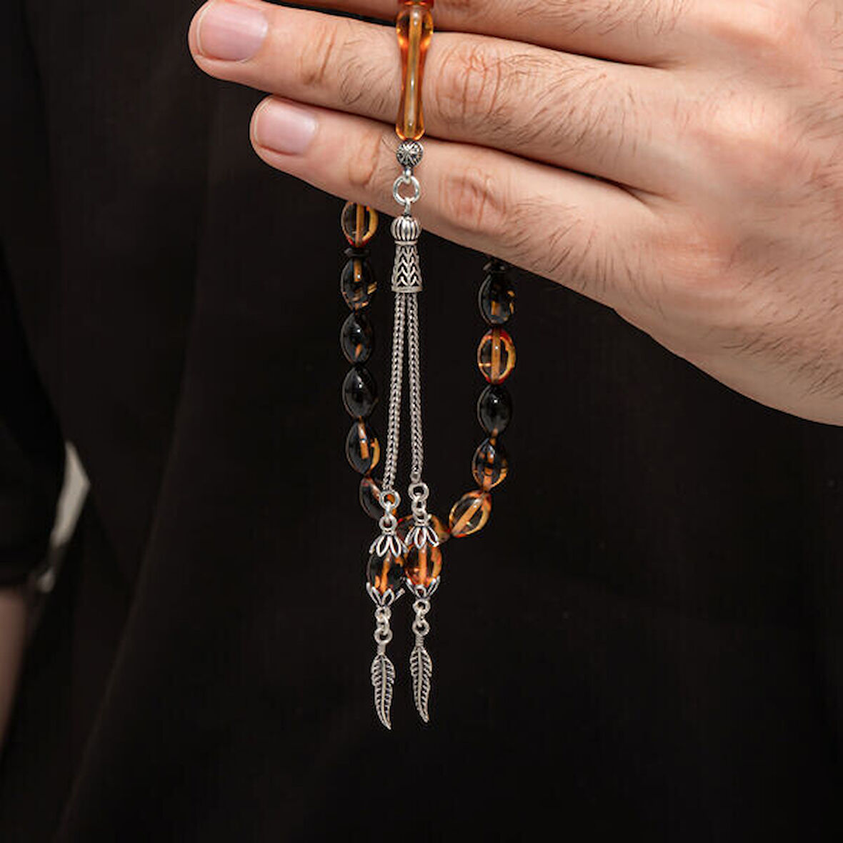 Sıkma Kehribar 925 Ayar Gümüş Tesbih