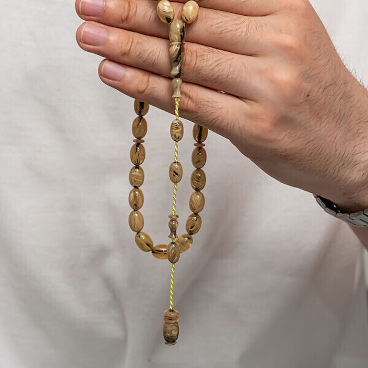 Sıkma Kehribar Kazaz Püsküllü 1000 Ayar Gümüş Tesbih