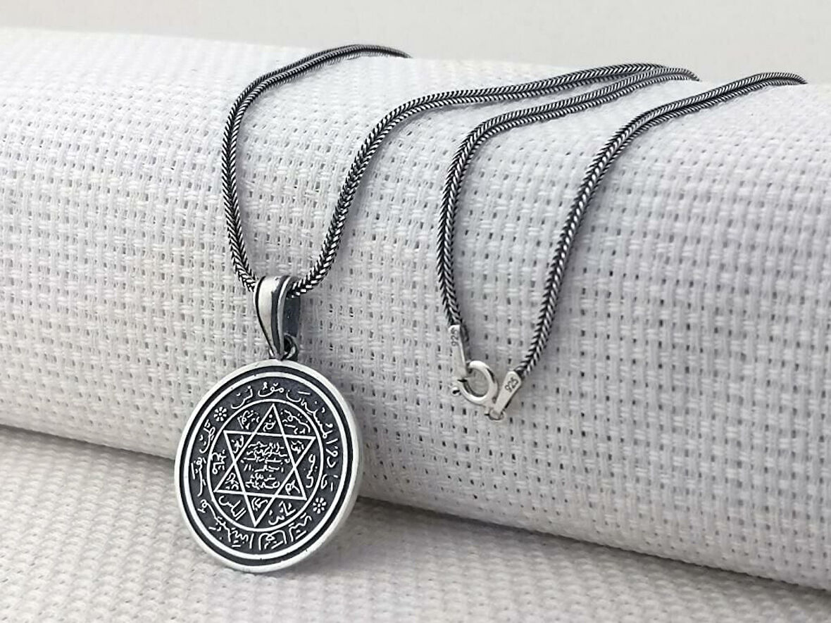 Hz Süleyman Mührü Yuvarlak 925 Ayar Gümüş Erkek Kolye