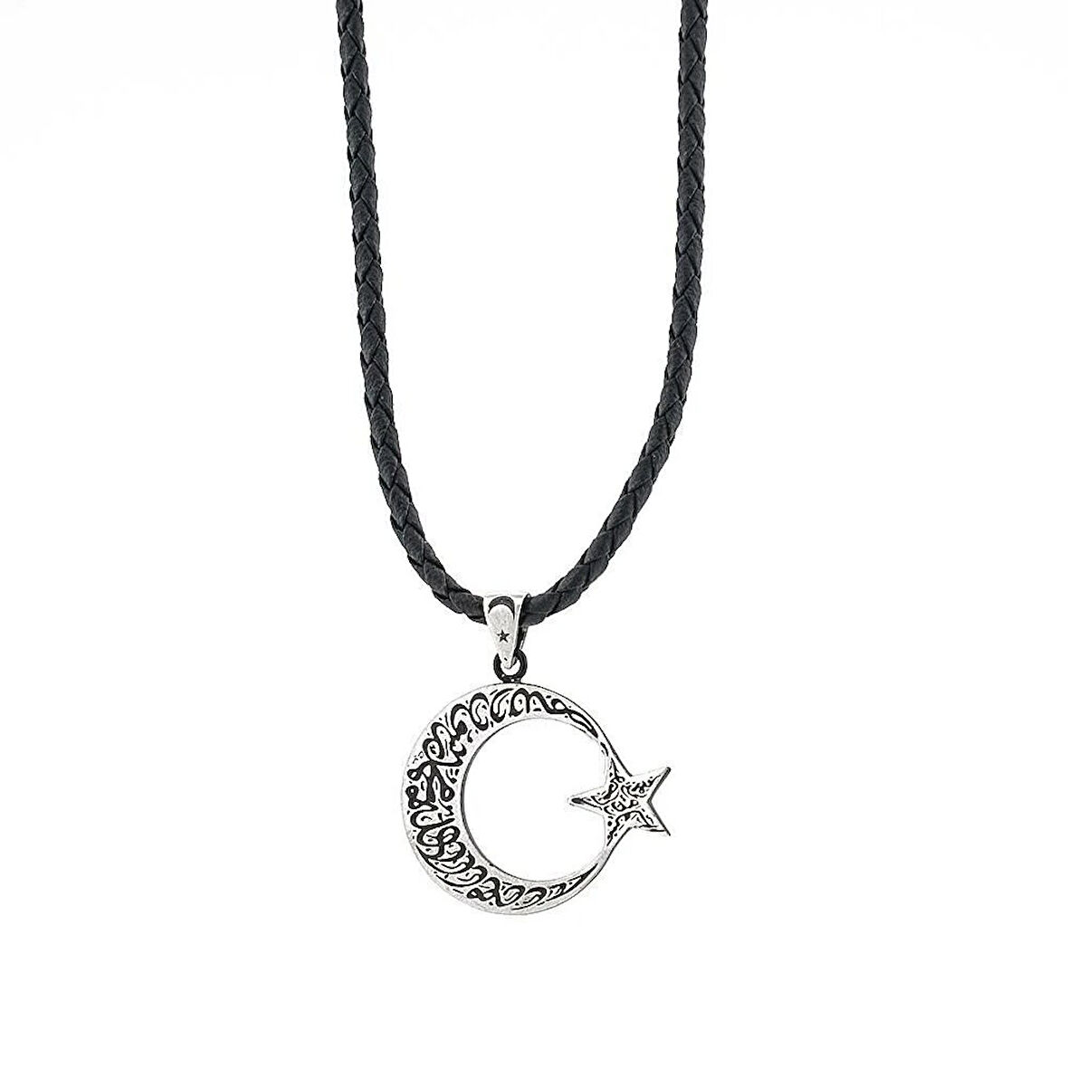 Ay Yıldız Deri İpli 925 Ayar Gümüş Erkek Kolye
