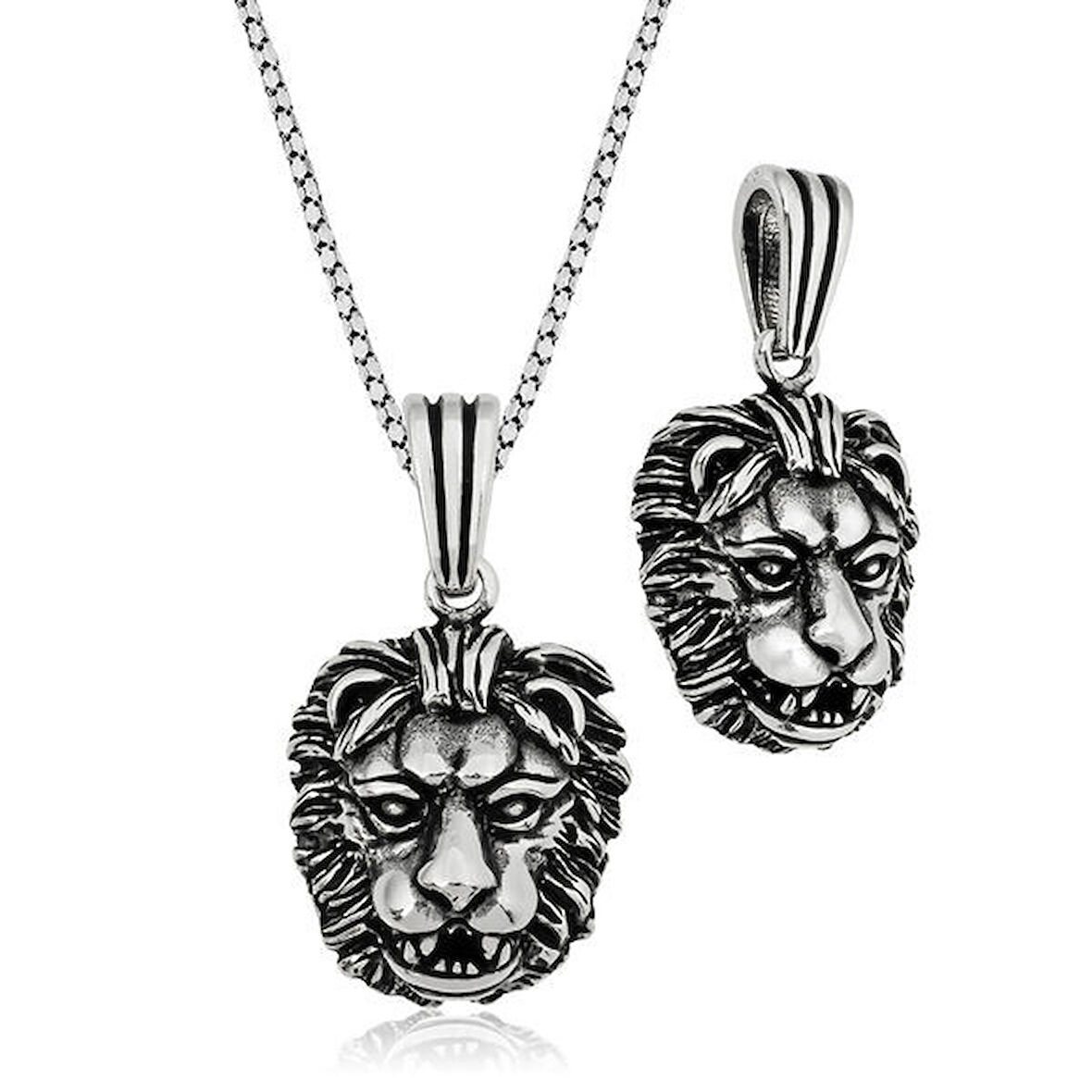 Aslan Kafası Motifli 925 Ayar Gümüş Erkek Kolye