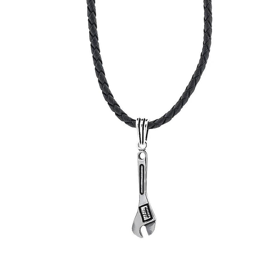 Anahtar Tasarımlı Deri İpli 925 Ayar Gümüş Erkek Kolye